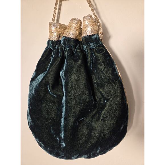 Velvet Polti Bag Forest Green Gold Floral Beading Ribbon Drawtring Satin Lined - Picture 2 of 9